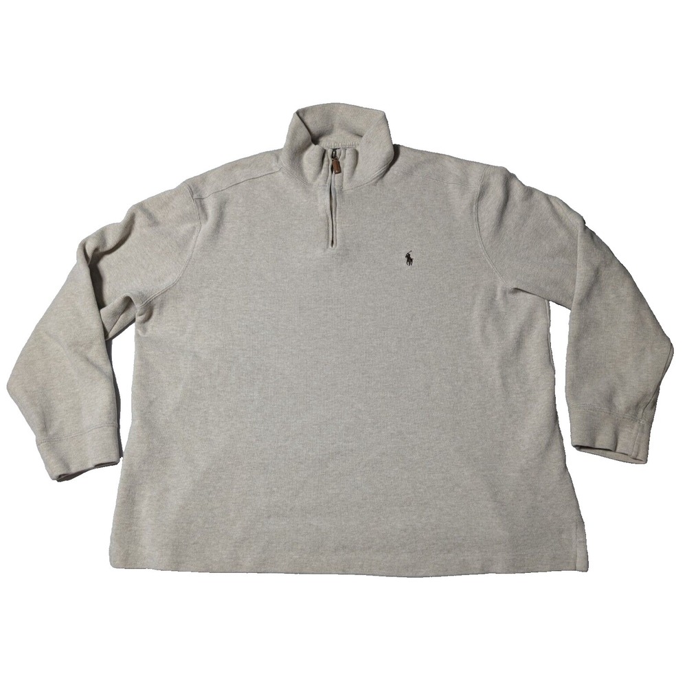 VTG POLO RALPH LAURE Men XL Oatmeal 1/4 Zip Mock Neck Cotton Pullover Sweater